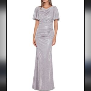 Betsy & Adam Flutter-Sleeve Metallic Gown